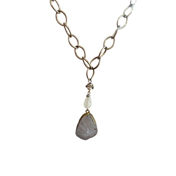 Gold-Tone Chain Necklace With Raw Quartz Pendant & Pearl Accent - Picture 1 of 14